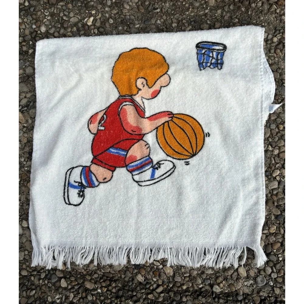 Vintage Hand Towel Set Of 2  Baseball Basketball Cartoon Kids Bath Cotton